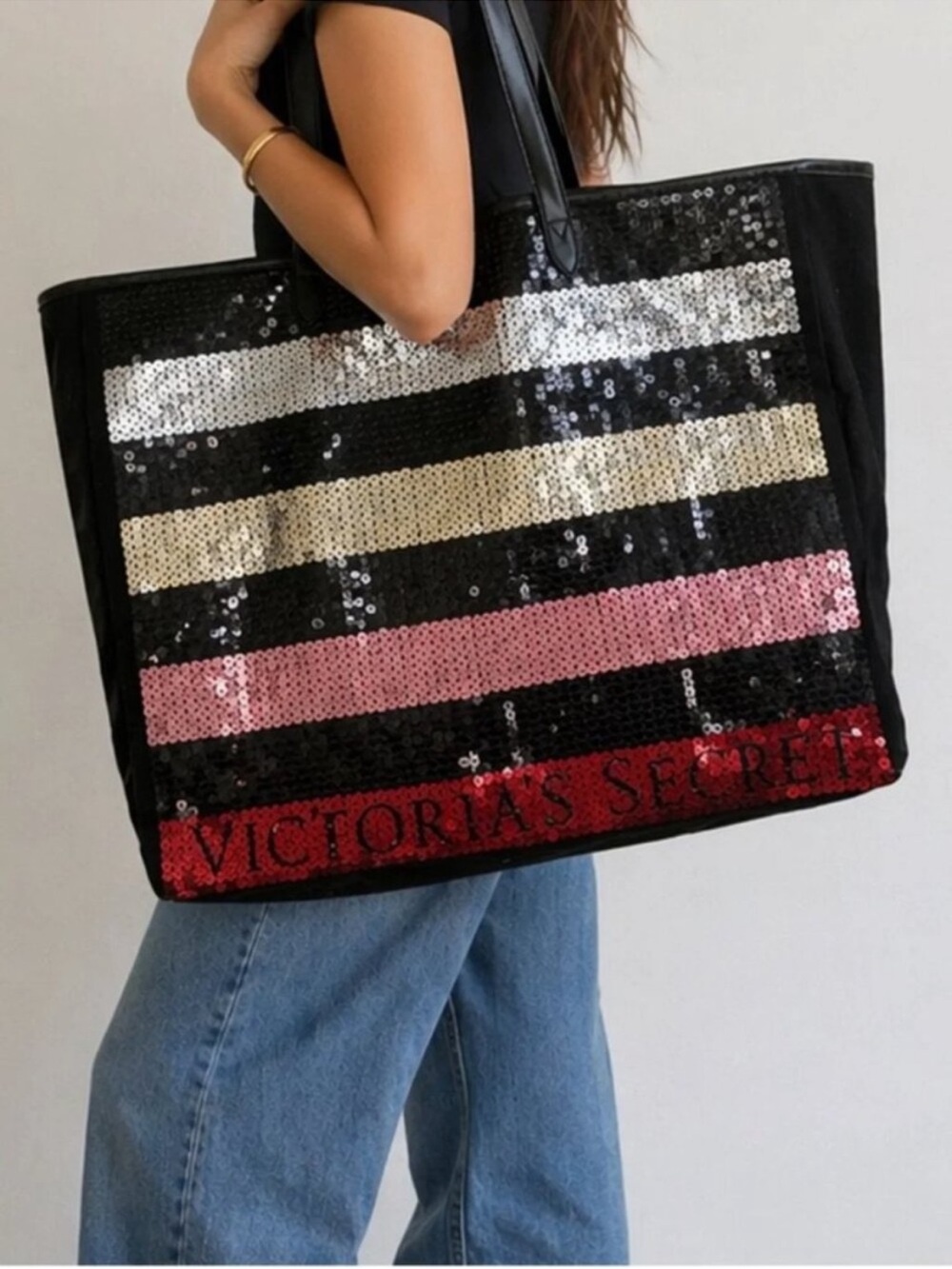 Victoria's Secret Black Sequin Stripe Tote with Metallic Accents